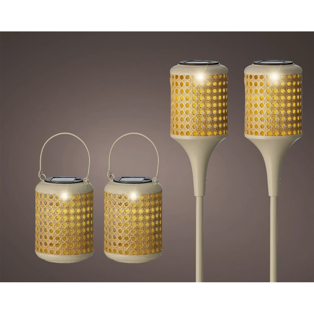 Lumineo Solar Set Met Tuinlamp En Lantaarn - LED - D10.5 X H80cm - Naturel - 4st. - Afbeelding 2